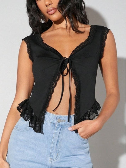 V-Neck Plain Lace-Trim Tie-Front Slim-Fit Tank Top