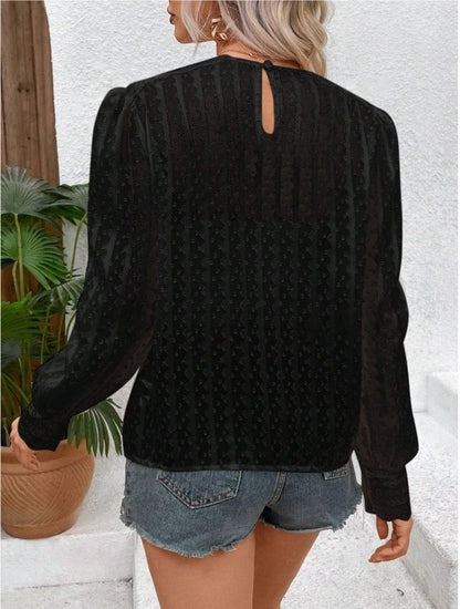 Puff Sleeve Plain Lace See-Through Loose-Fit Blouse