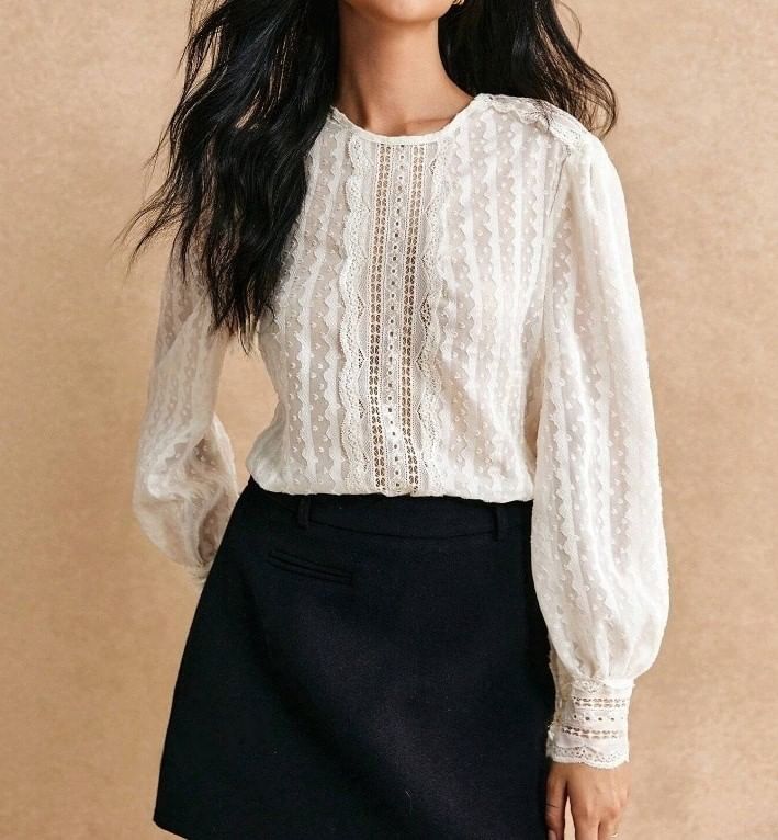 Puff Sleeve Plain Lace See-Through Loose-Fit Blouse