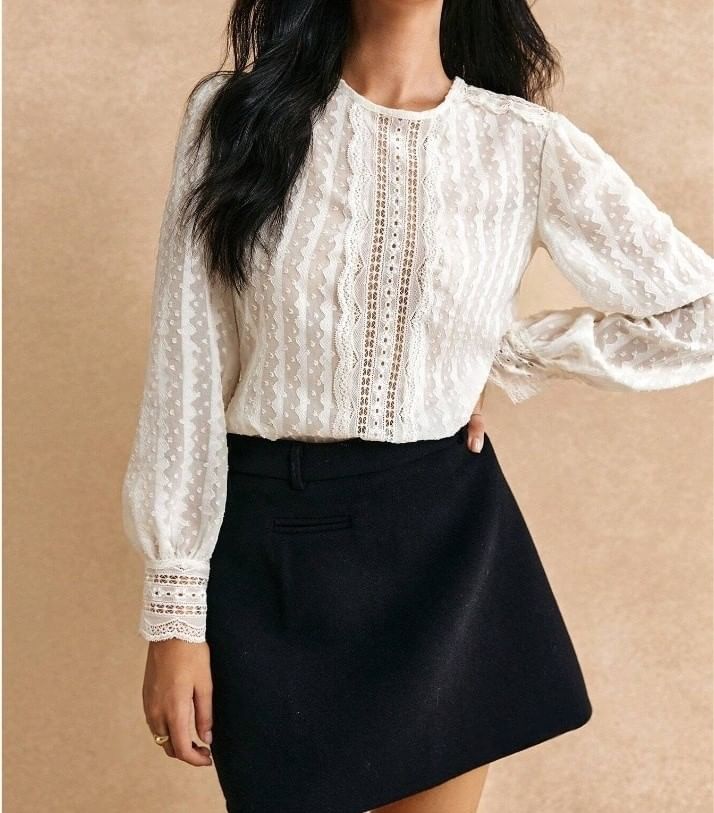 Puff Sleeve Plain Lace See-Through Loose-Fit Blouse