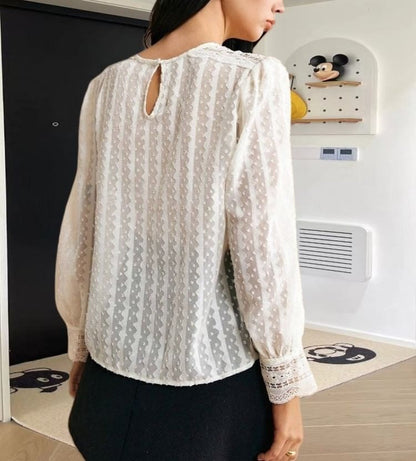 Puff Sleeve Plain Lace See-Through Loose-Fit Blouse