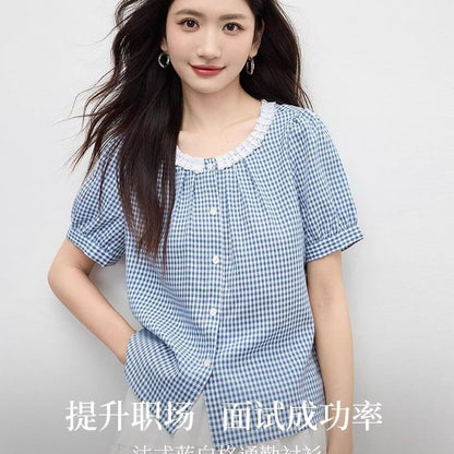 Short Sleeve Round Neck Plaid Lace Blouse