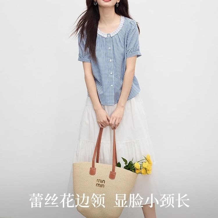 Short Sleeve Round Neck Plaid Lace Blouse