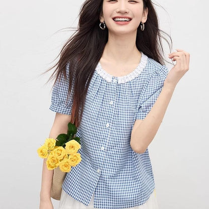Short Sleeve Round Neck Plaid Lace Blouse