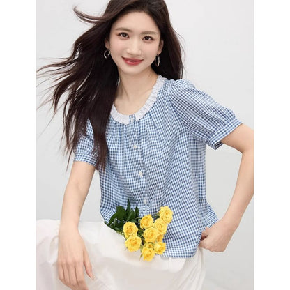 Short Sleeve Round Neck Plaid Lace Blouse