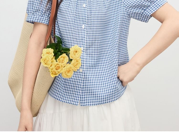 Short Sleeve Round Neck Plaid Lace Blouse