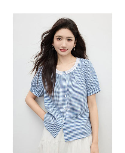 Short Sleeve Round Neck Plaid Lace Blouse