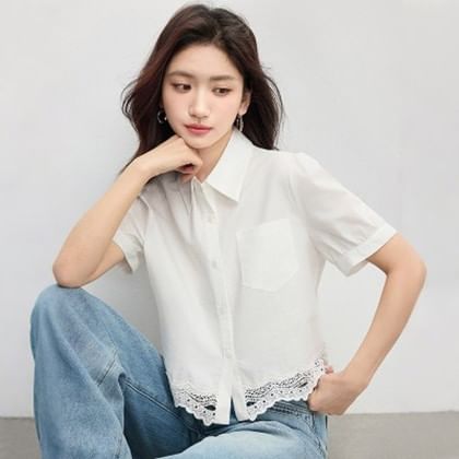 Short Sleeve Collared Lace Panel Shirt