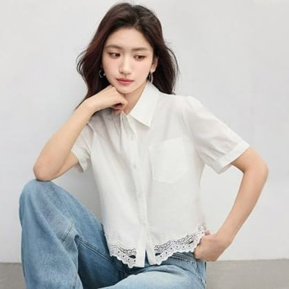 Short Sleeve Collared Lace Panel Shirt