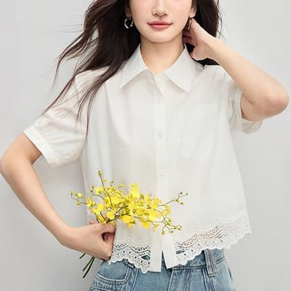 Short Sleeve Collared Lace Panel Shirt