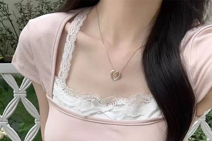 Short-Sleeve Square Neck Plain Lace Trim Mock Two Piece Tee