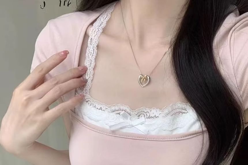 Short-Sleeve Square Neck Plain Lace Trim Mock Two Piece Tee