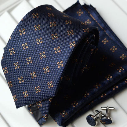 Set:  Neck Tie + Pocket Square + Tie Clip + Cufflinks (Various Designs)
