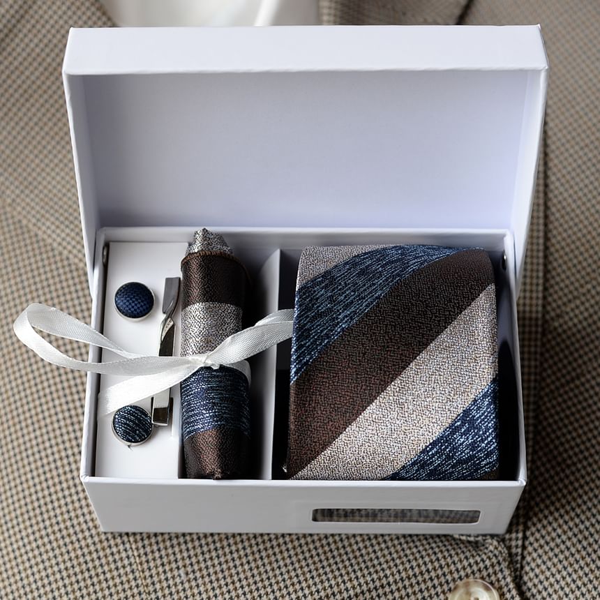 Set:  Neck Tie + Pocket Square + Tie Clip + Cufflinks (Various Designs)