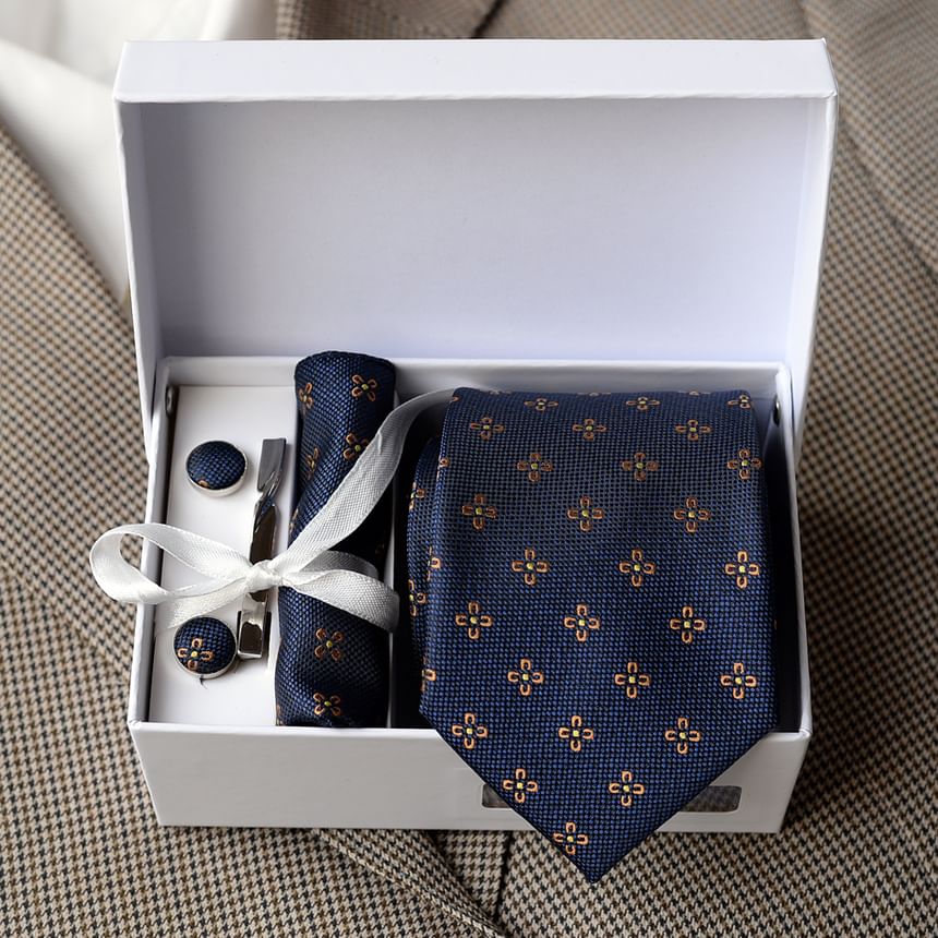 Set:  Neck Tie + Pocket Square + Tie Clip + Cufflinks (Various Designs)