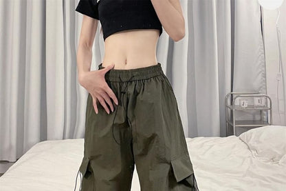 Drawstring Waist Plain Ruched Baggy Cargo Pants