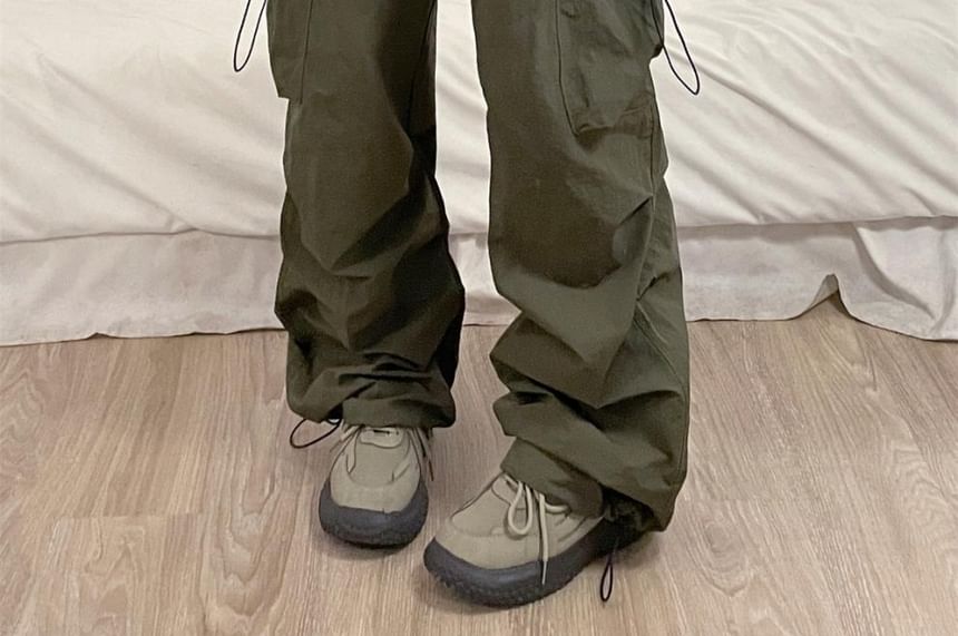 Drawstring Waist Plain Ruched Baggy Cargo Pants