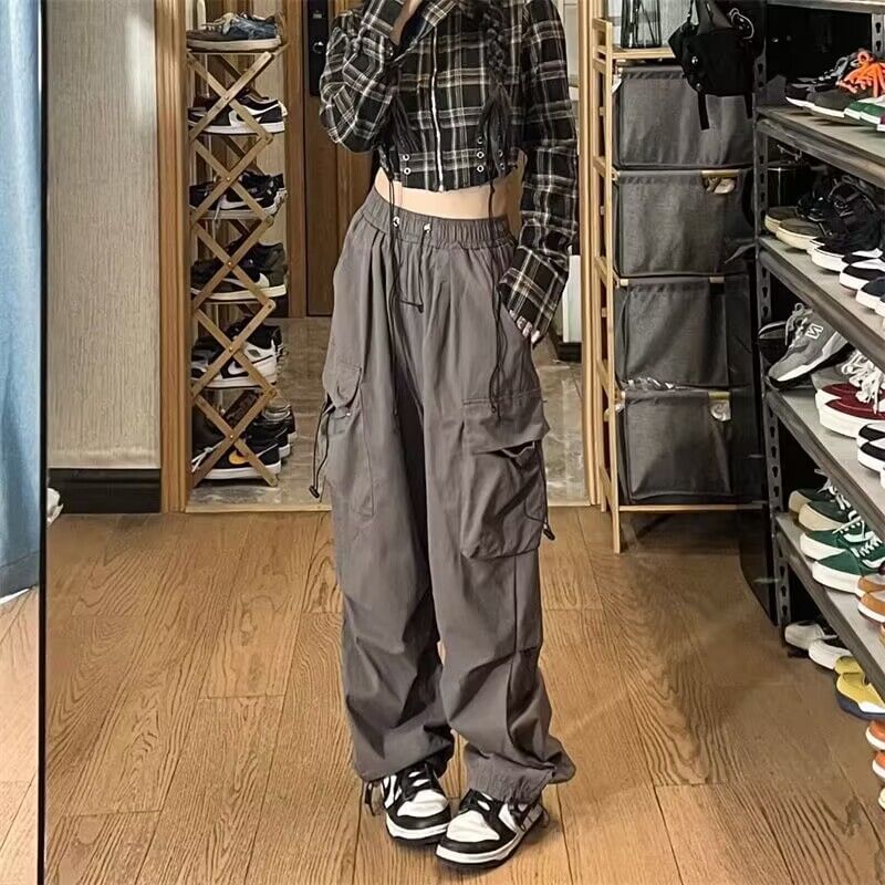 Drawstring Waist Plain Ruched Baggy Cargo Pants