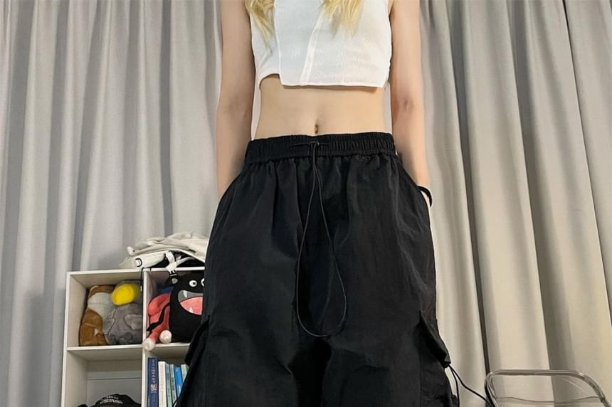 Drawstring Waist Plain Ruched Baggy Cargo Pants