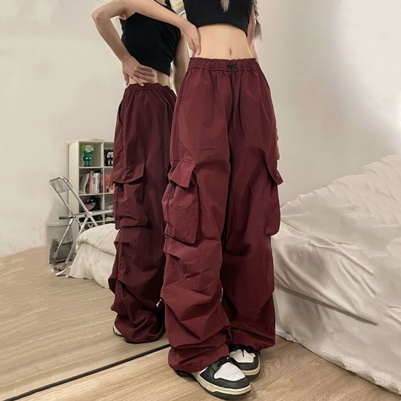 Drawstring Waist Plain Ruched Baggy Cargo Pants