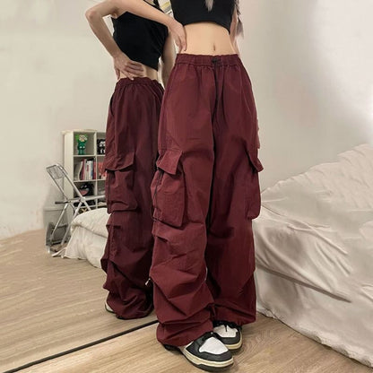 Drawstring Waist Plain Ruched Baggy Cargo Pants