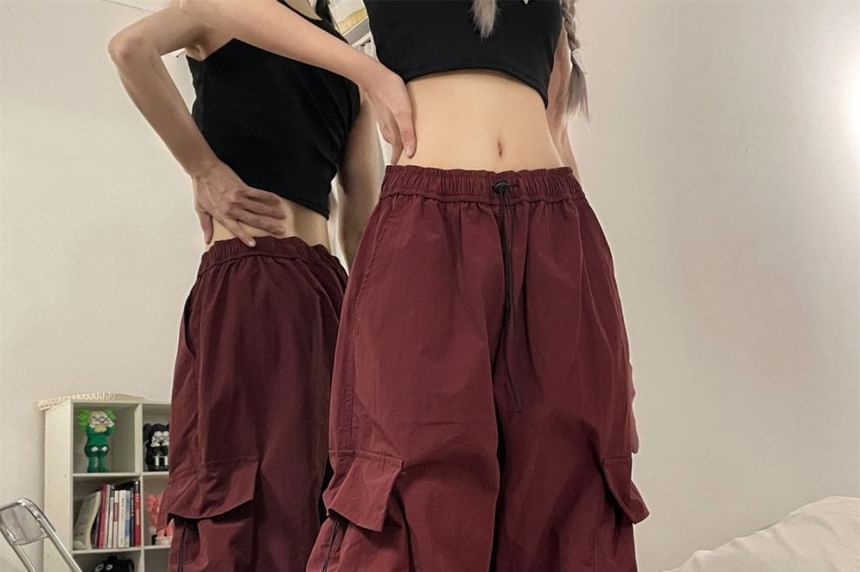 Drawstring Waist Plain Ruched Baggy Cargo Pants