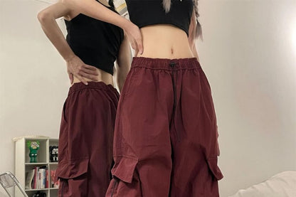 Drawstring Waist Plain Ruched Baggy Cargo Pants