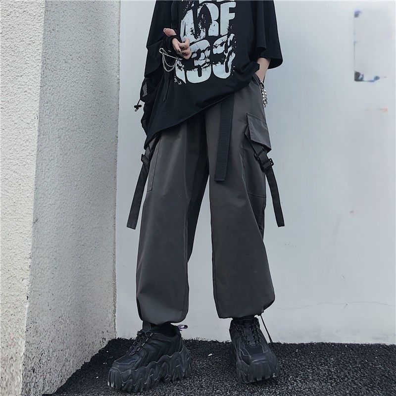 Drawstring Waist Plain Buckled Loose Fit Cargo Pants