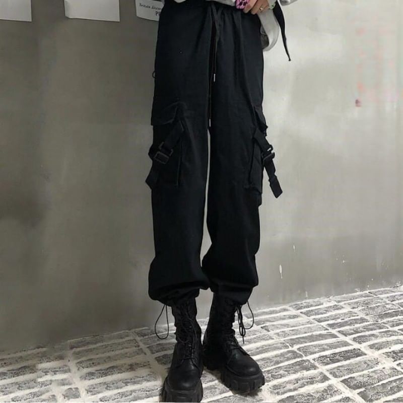 Drawstring Waist Plain Buckled Loose Fit Cargo Pants