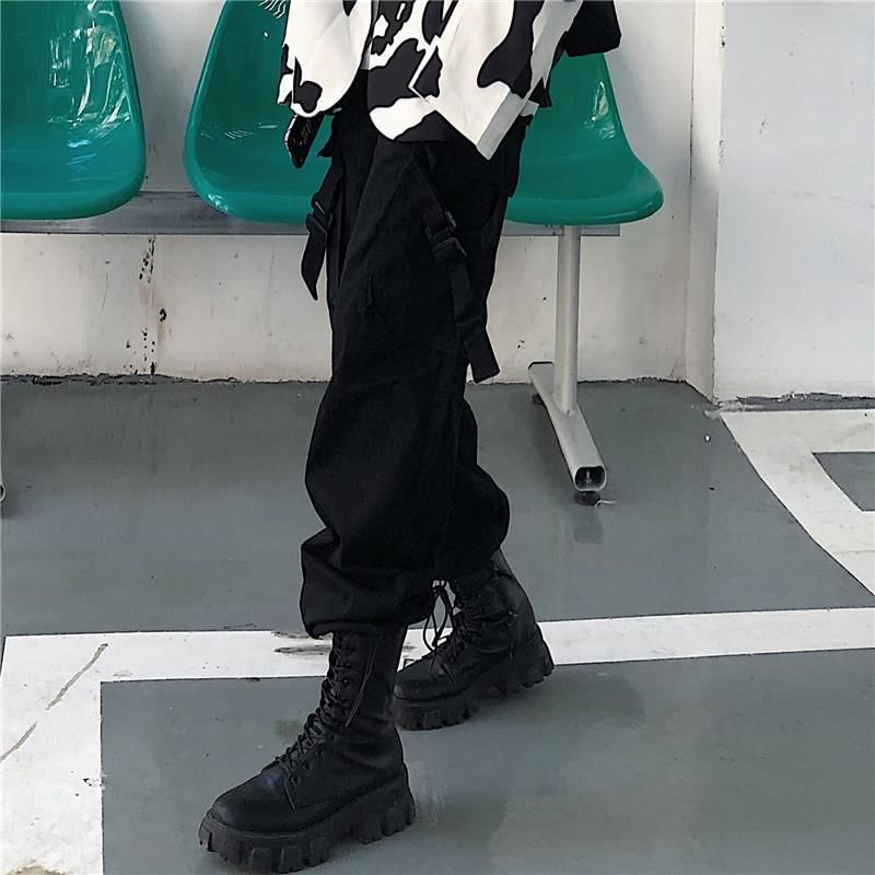 Drawstring Waist Plain Buckled Loose Fit Cargo Pants