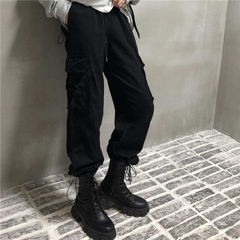 Drawstring Waist Plain Buckled Loose Fit Cargo Pants