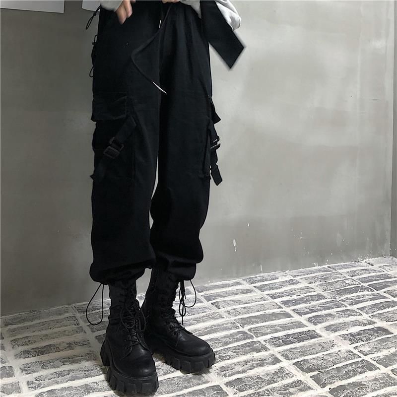 Drawstring Waist Plain Buckled Loose Fit Cargo Pants