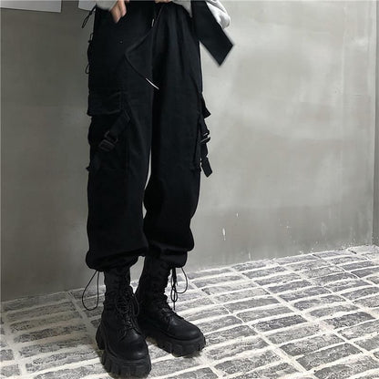 Drawstring Waist Plain Buckled Loose Fit Cargo Pants
