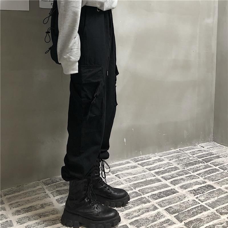 Drawstring Waist Plain Buckled Loose Fit Cargo Pants