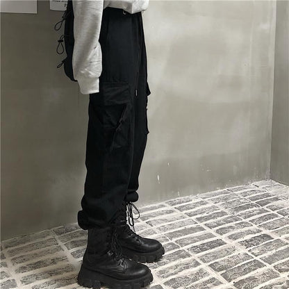 Drawstring Waist Plain Buckled Loose Fit Cargo Pants