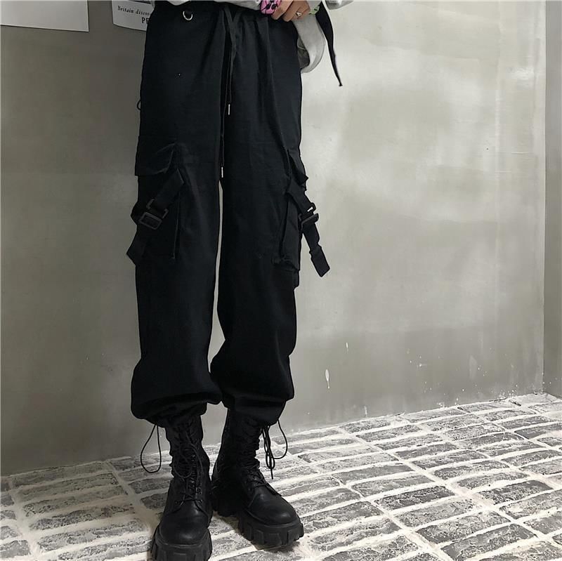 Drawstring Waist Plain Buckled Loose Fit Cargo Pants
