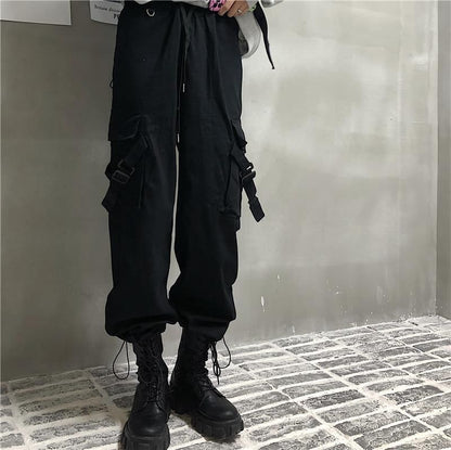 Drawstring Waist Plain Buckled Loose Fit Cargo Pants