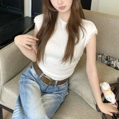 Mock Neck Ribbed Lace Trim Knit Top