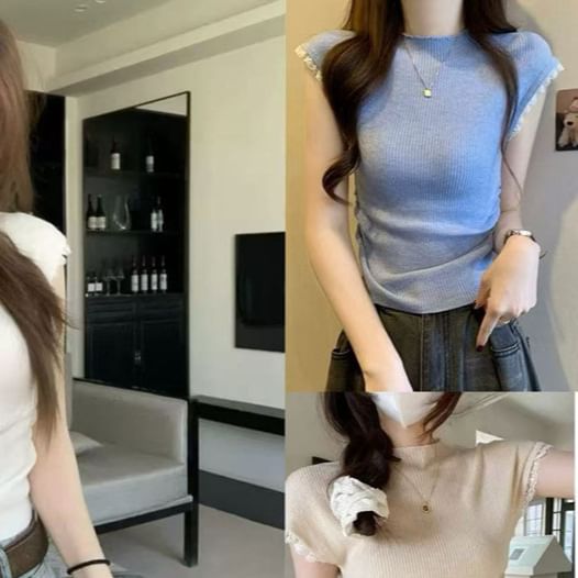 Mock Neck Ribbed Lace Trim Knit Top