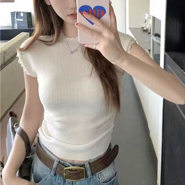 Mock Neck Ribbed Lace Trim Knit Top