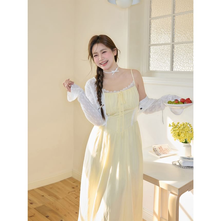 Plus Size Scoop Neck Plain Lace Trim A-Line Dress (Various Designs) / Crop Cardigan