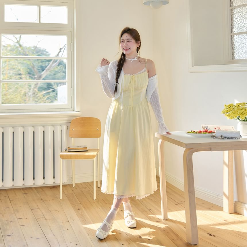 Plus Size Scoop Neck Plain Lace Trim A-Line Dress (Various Designs) / Crop Cardigan