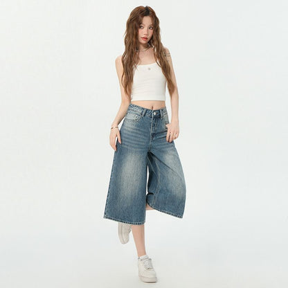 Mid Waist Washed Wide Leg Jorts