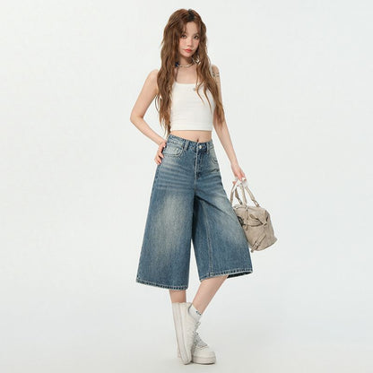 Mid Waist Washed Wide Leg Jorts
