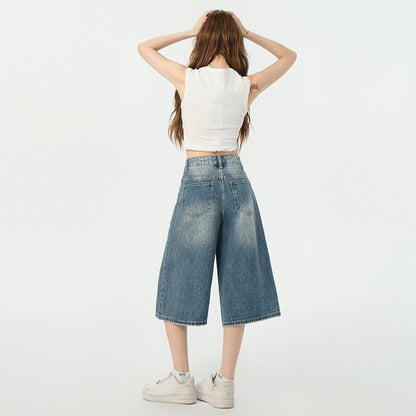 Mid Waist Washed Wide Leg Jorts