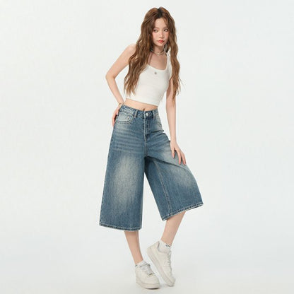 Mid Waist Washed Wide Leg Jorts