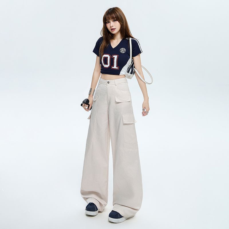 High Rise Plain Baggy Cargo Pants (Various Designs)