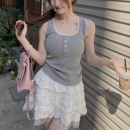 Scoop Neck Ribbed Lace Trim Crop Tank