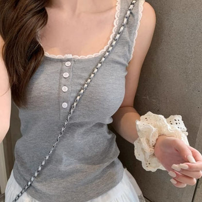 Scoop Neck Ribbed Lace Trim Crop Tank