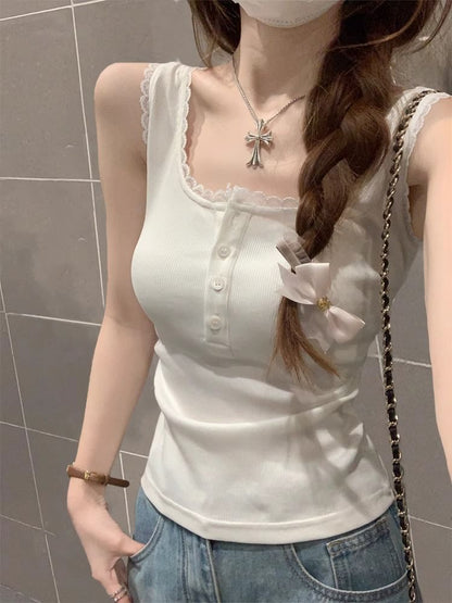 Scoop Neck Ribbed Lace Trim Crop Tank